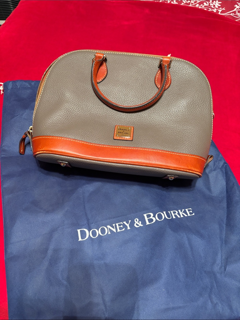 Dooney & Bourke Gray Leather Dome Satchel with Tan Trim with Matching Wallet.